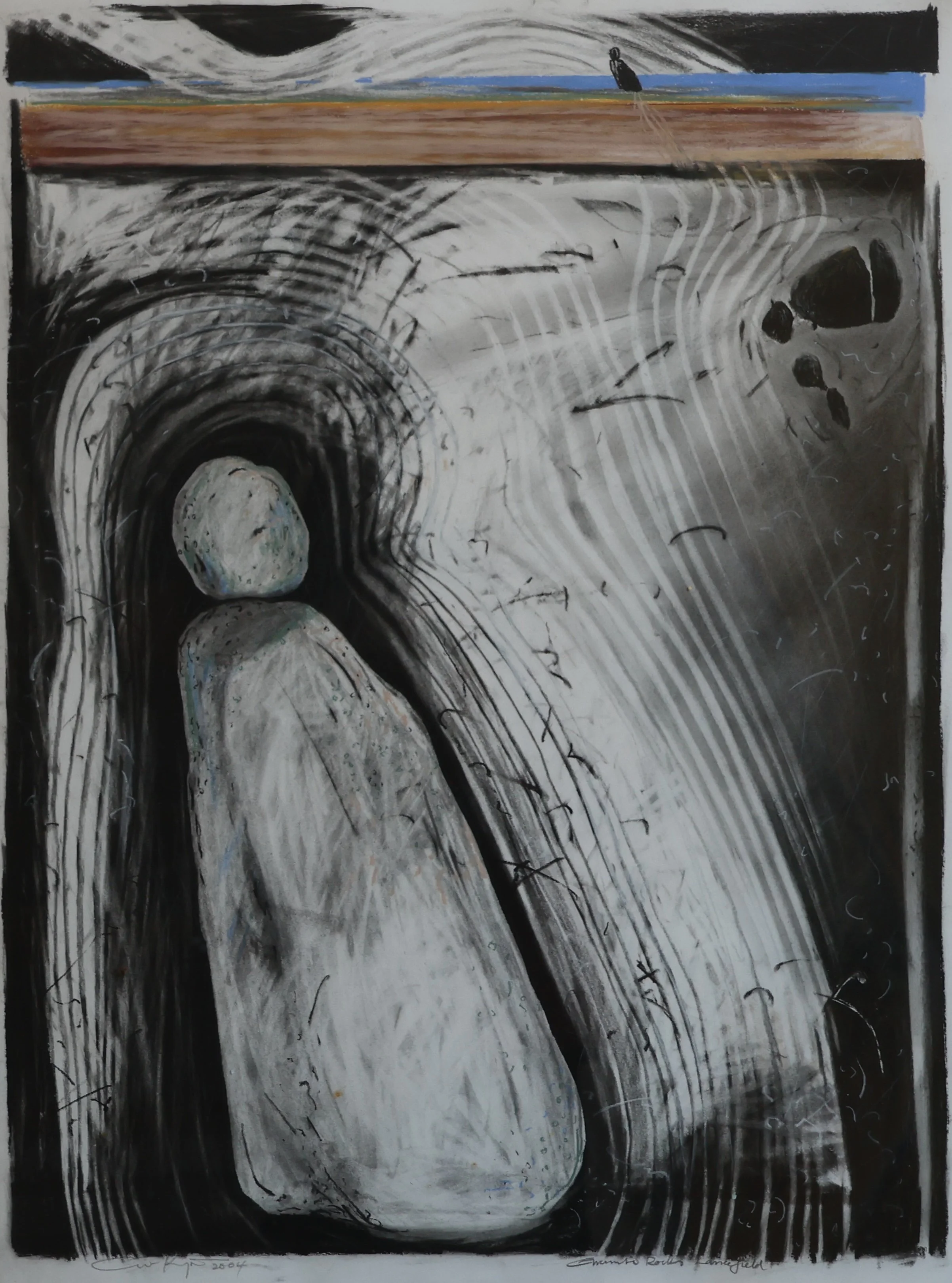 'Black Sentinel Lancefield', n.d., charcoal, pastel and chinagraph, 95 x 50 cm (framed) — $600