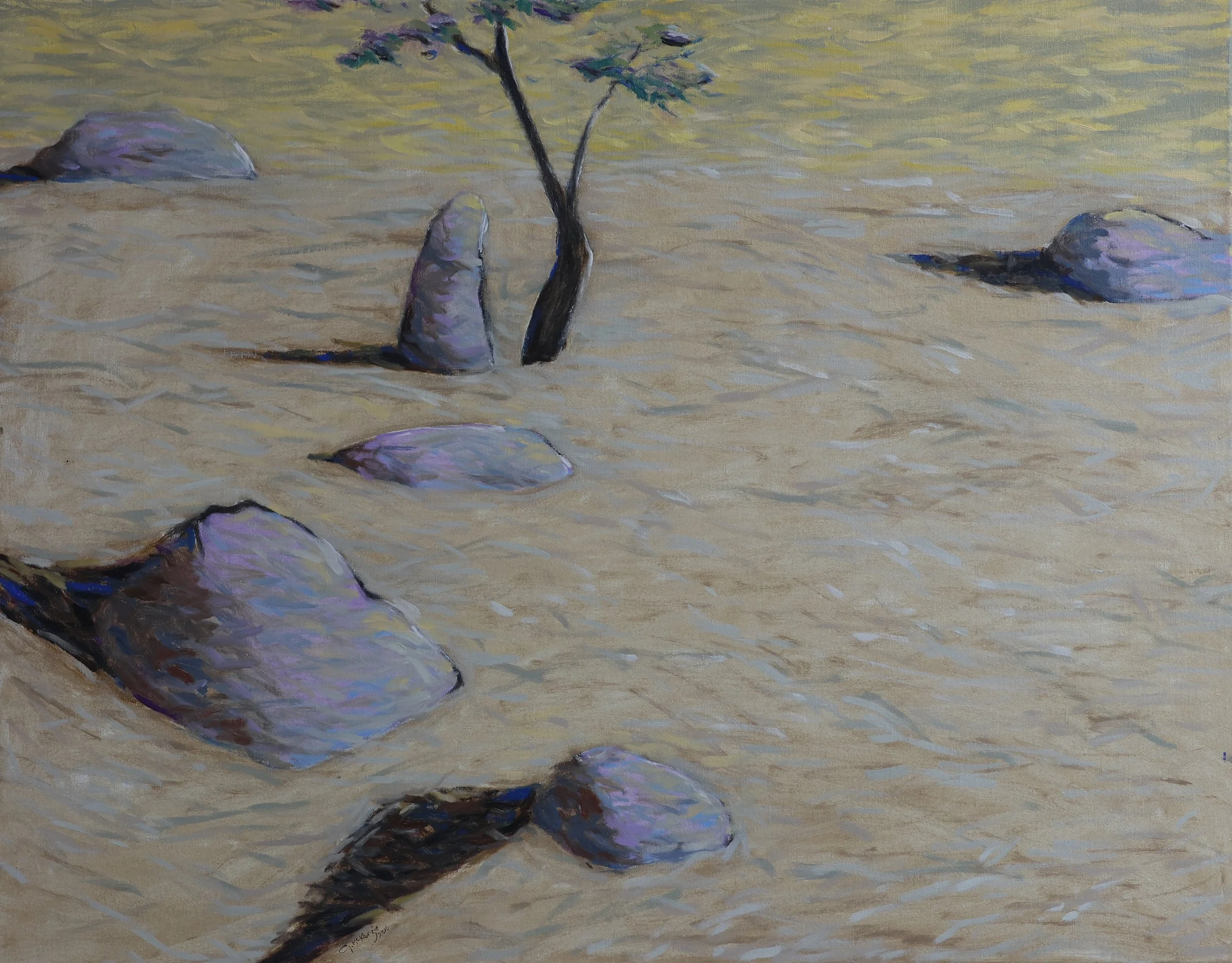 'Dog Rocks (Yellow), Batesford', 2016, oil on canvas, 85 x 108 cm (framed) — $1,000