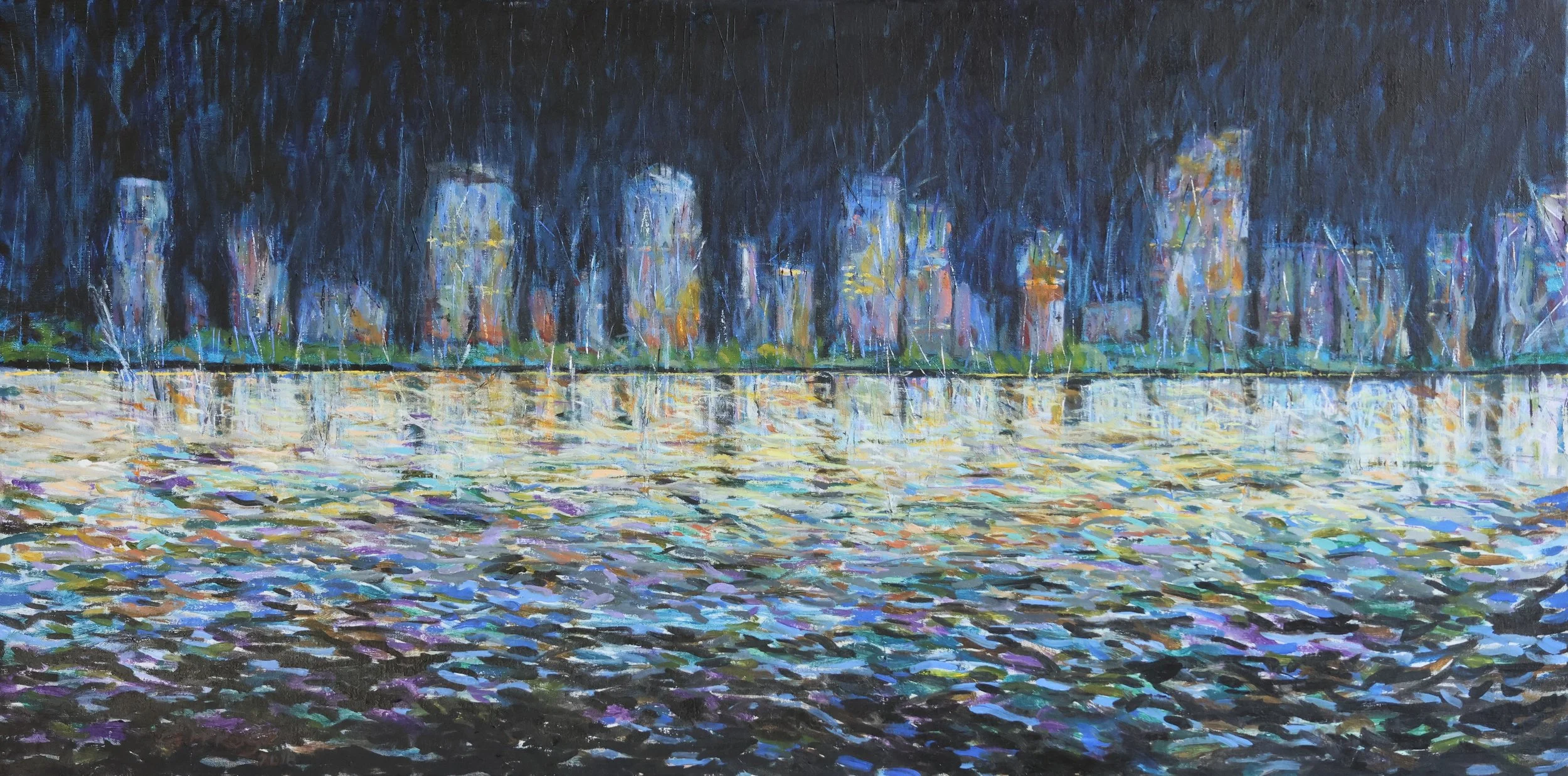 'Night Lights', 2018, oil on canvas, 56 x 112 cm — $700