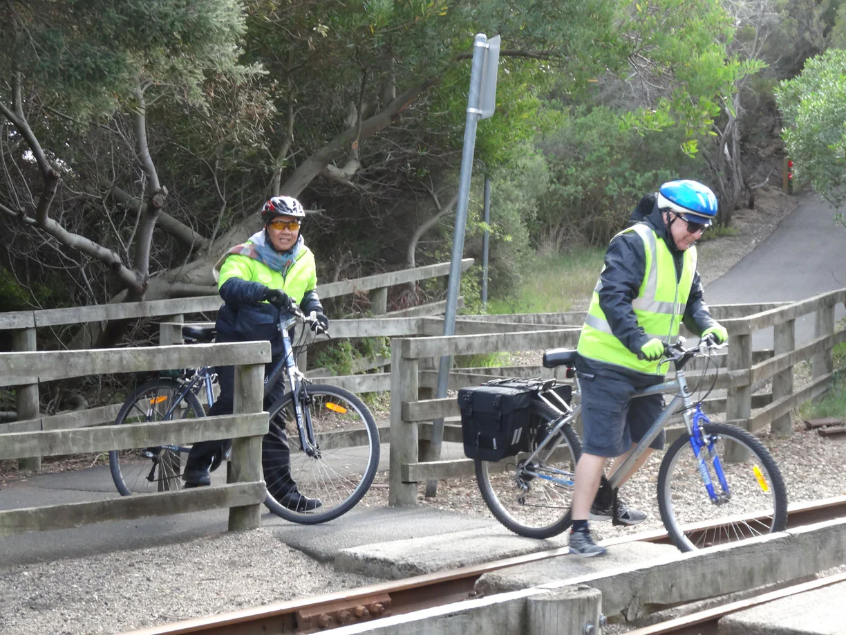 Crossing the railway line just before Queenscliff.