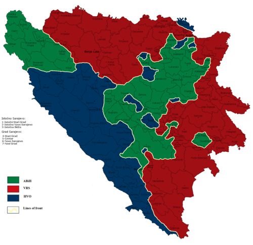Territories in Bosnia held by each of the three factions, ABiH (Bosniaks, green), VRS (Serbs, red), and HVO (Croats, blue), shortly before the war ended. From Wikipedia .