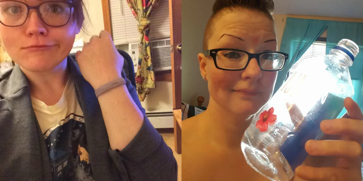 Circa July 2017: Steph shows off that she caved and finally bought a FitBit, and I'm showing off an empty water bottle (because I hate water). Together we've struggled with the inexplicable weight-gain of our 30s and an inability to stay motivated.