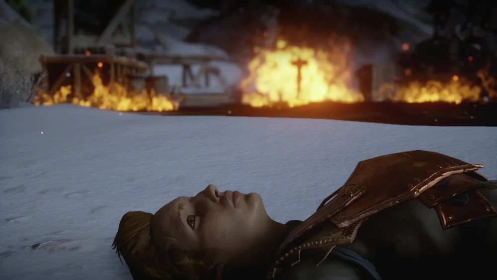 My Inquisitor lounges in the snow while the town burns all around her, wondering: Why do I hate literary analysis so much?