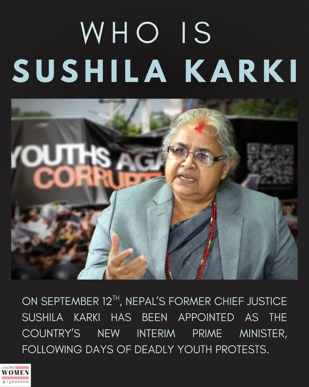 Sushila Karki is making changes as Nepal's first female prime minister. What do you think about the work she may do?

#leadingwomenoftomorrow #sushilakarki #nepal #womeninpolitics