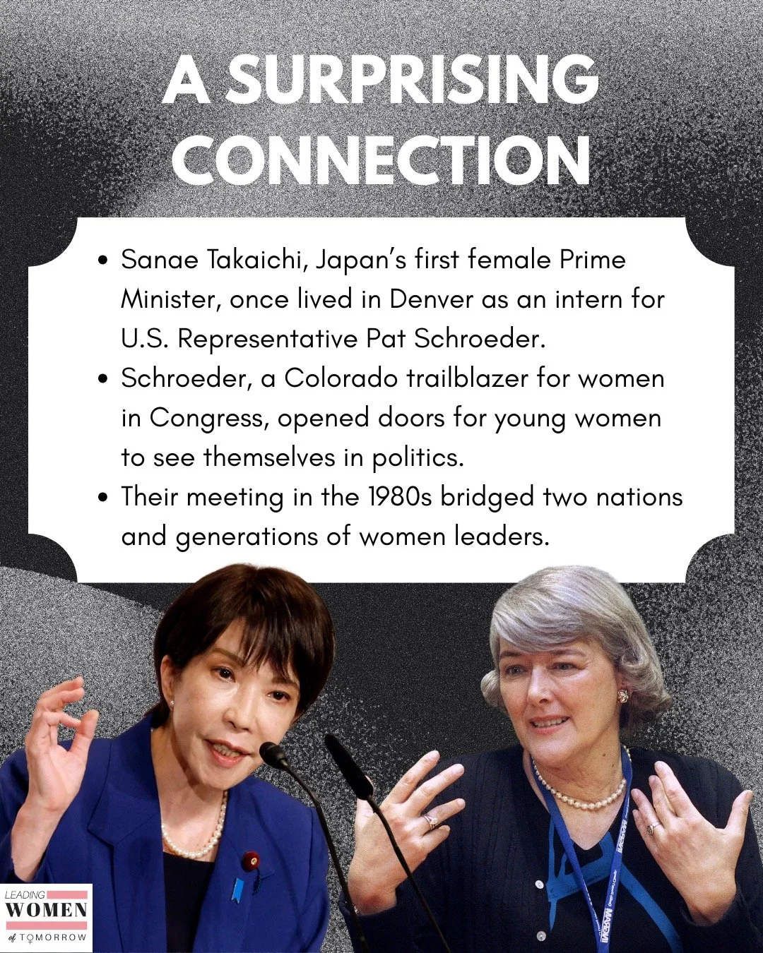 From Denver to Japan’s highest office—this connection between Sanae Takaichi and Pat Schroeder reminds us how mentorship and global exchange can shape generations of women leaders. 
—
#womeninpolitics #globalleadership #leadingwomen