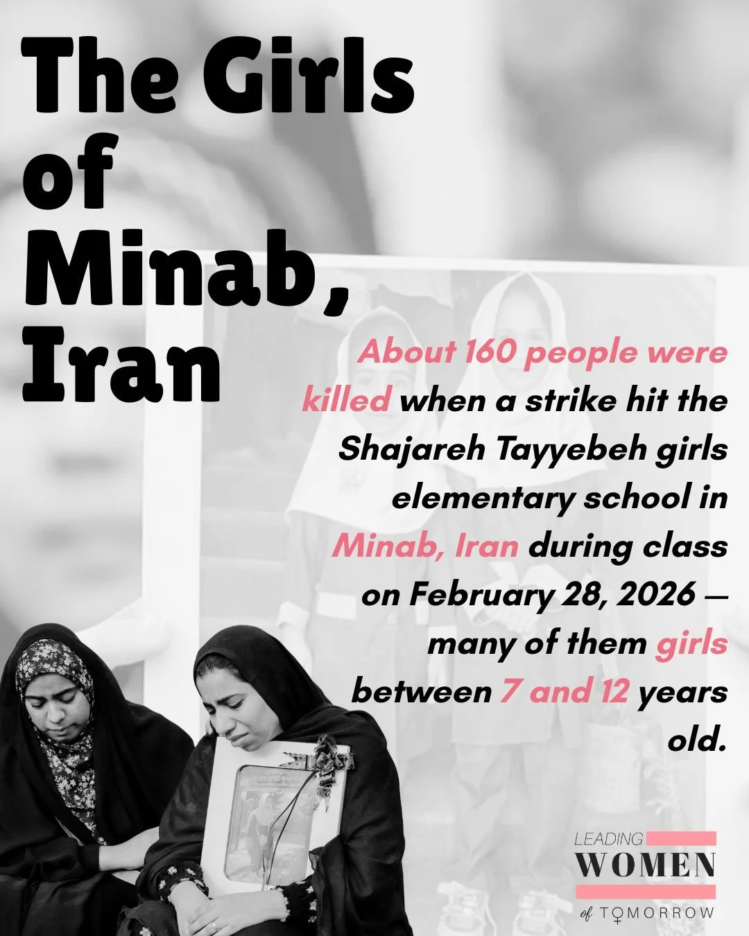 Remembering the girls of Minab, Iran🤍
.
On February 28, 2026, a strike hit the Shajareh Tayyebeh girls&rsquo; elementary school during class hours, killing around 160 people, many of them girls between the ages of 7 and 12.
.
Our thoughts are with t