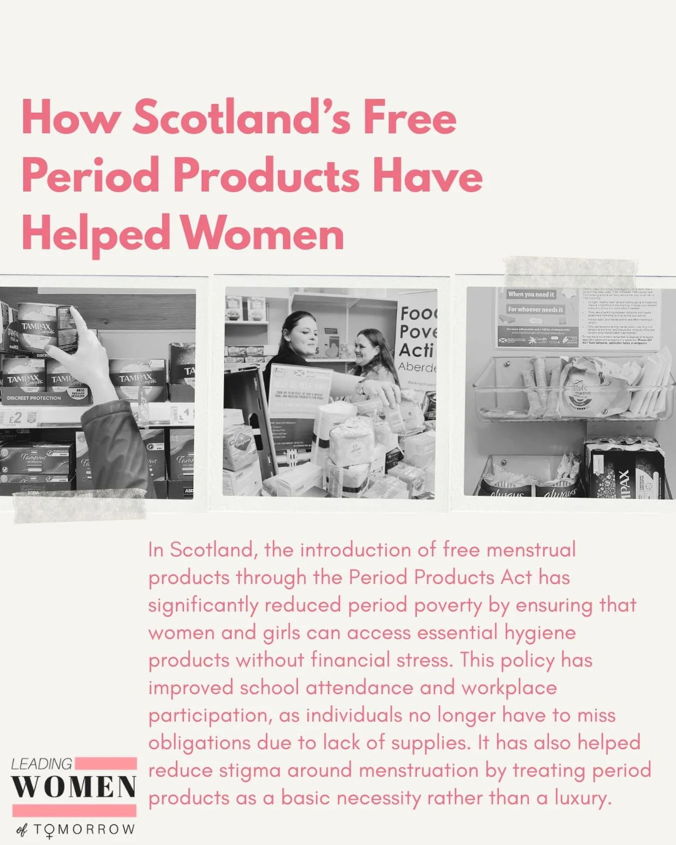 Learn about how Scotland&rsquo;s free period product program has helped women!🩷
More info at https://www.gov.scot/policies/poverty-and-social-justice/access-to-free-period-products/

#freeperiodproducts #scotland #periodpoverty #lwt #leadingwomenoft