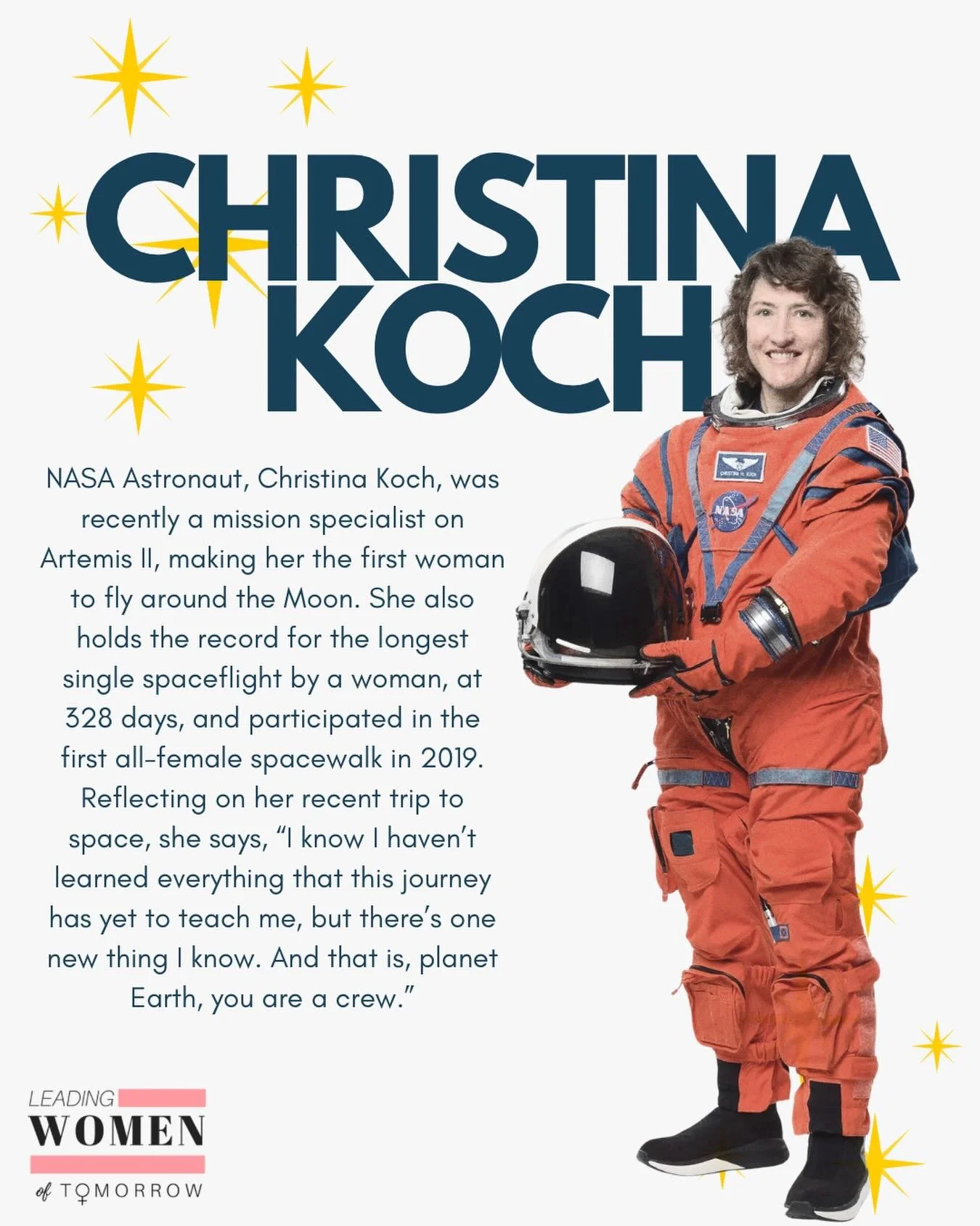 Learn about NASA Astronaut, Christina Koch, with LWT!✨👩&zwj;🚀

Let us know your thoughts in the comments!👇🩷

#christinakoch #nasa #womeninspiringwomen #leadingwomenoftomorrow #lwt