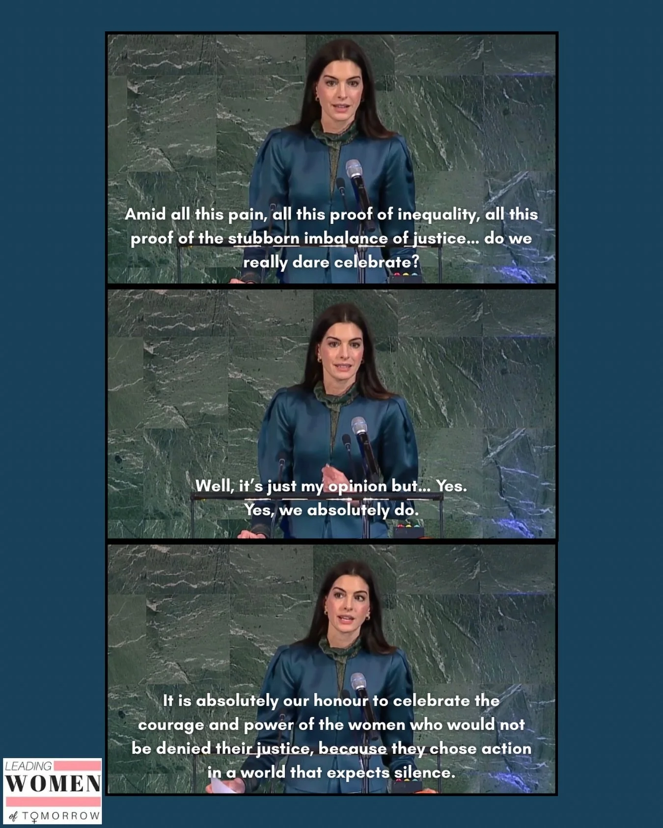 Some inspirational words from Anne Hathaway at her speech at the United Nations.

Follow LWT for more!🩷

#annehathaway #unitednations #womenempoweringwomen #leadingwomenoftomorrow #lwt