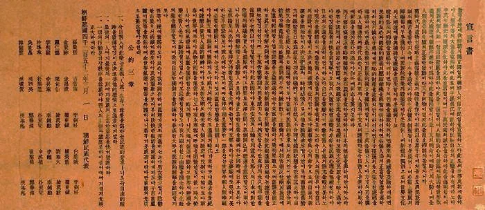 1919年3月1日,以孫秉熙為代表的朝鮮獨立國民團,在明月館頒佈《獨立宣言書》 圖片來源:網絡