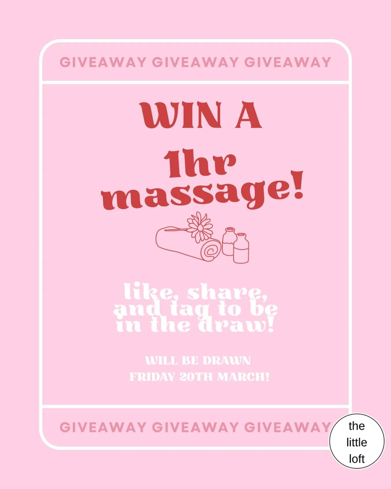 Win a 1hr massage with Phoebe!💆🌸

Like, share &amp; tag to win! Must do all 3✨💕
Will be drawn Friday 20th March. We will PM the WINNER!