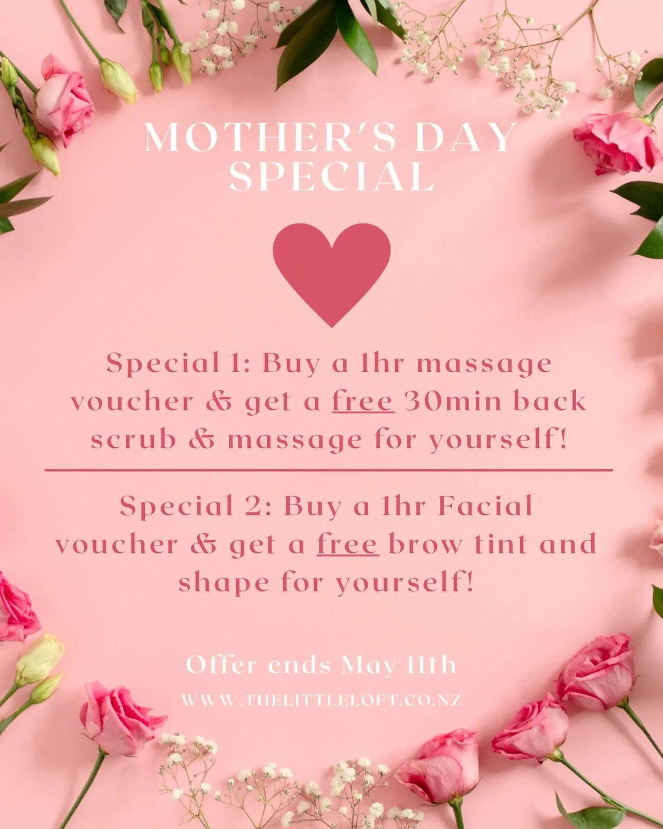 Mothers&rsquo;s Day Specials are here!💐🌸🫶🏼 
A little pampering goes a long way💆 Show Mum how much she means to you💕

✨Offer ends May 11th
📍Book now: https://www.thelittleloft.co.nz/booknow