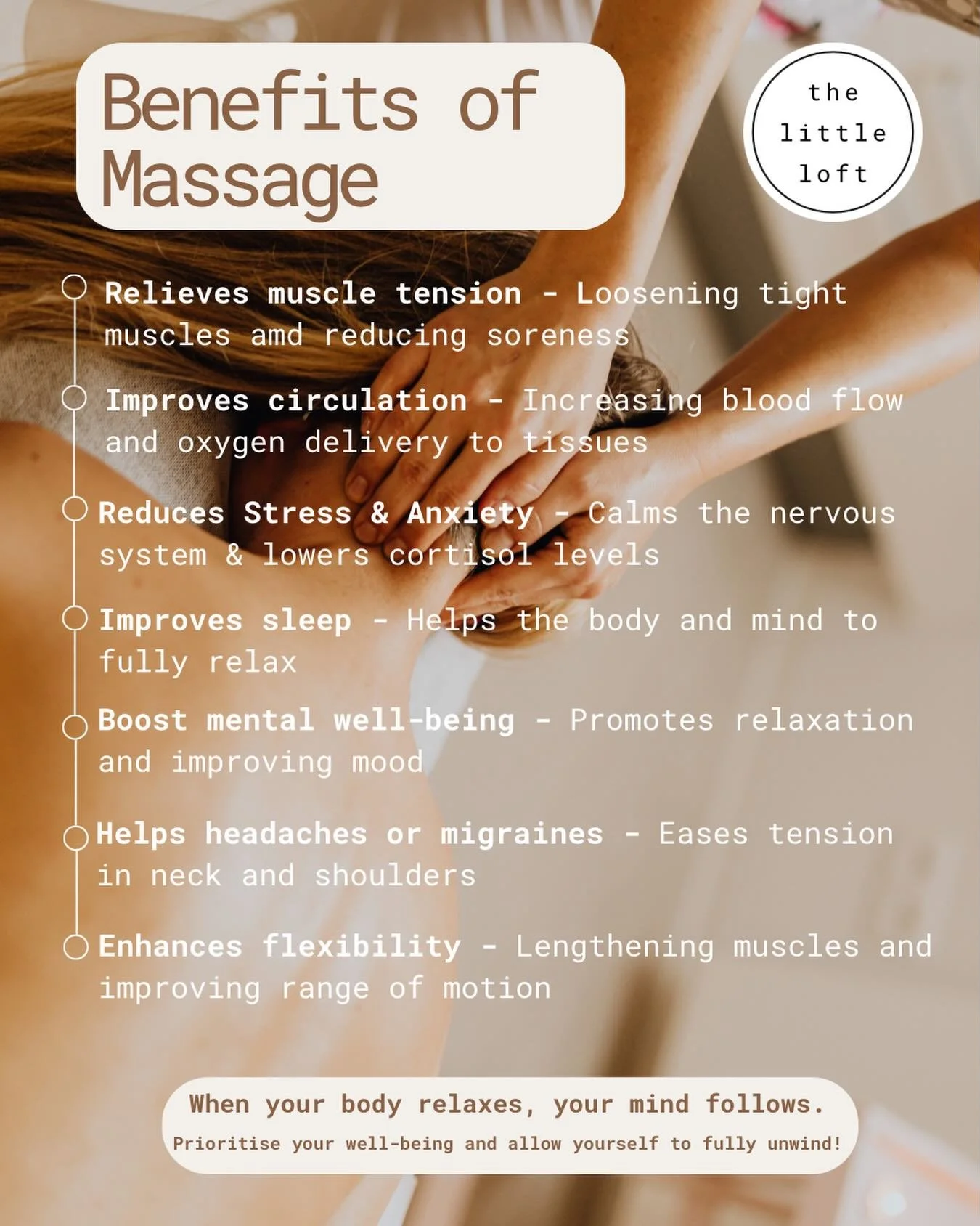 Unwind, reset, and restore💆✨🌸
Massage isn&rsquo;t just a treat, it&rsquo;s essential for your well-being. From easing tension to improving sleep, your body will thank you.

Book your moment of calm today🤍
https://www.thelittleloft.co.nz/booknow