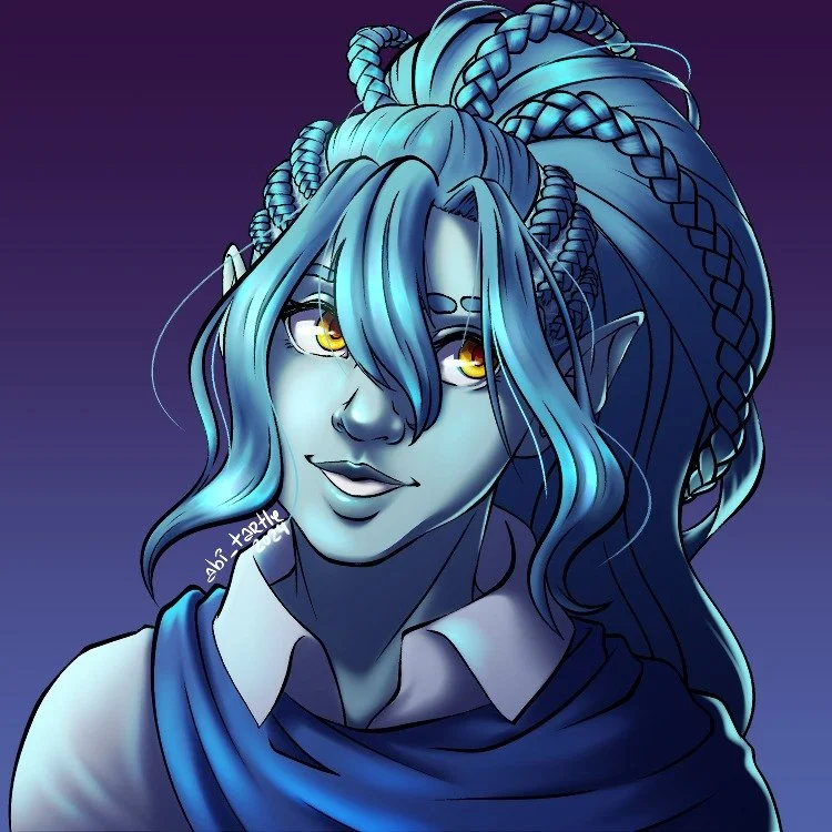 Bhlue is a novice adventurer. Most of her life has been spent in her village, helping her father in his trinket shop. When she got older, she decided to venture out to find her missing mother. As a water genasi, she became an artificer. Although a no