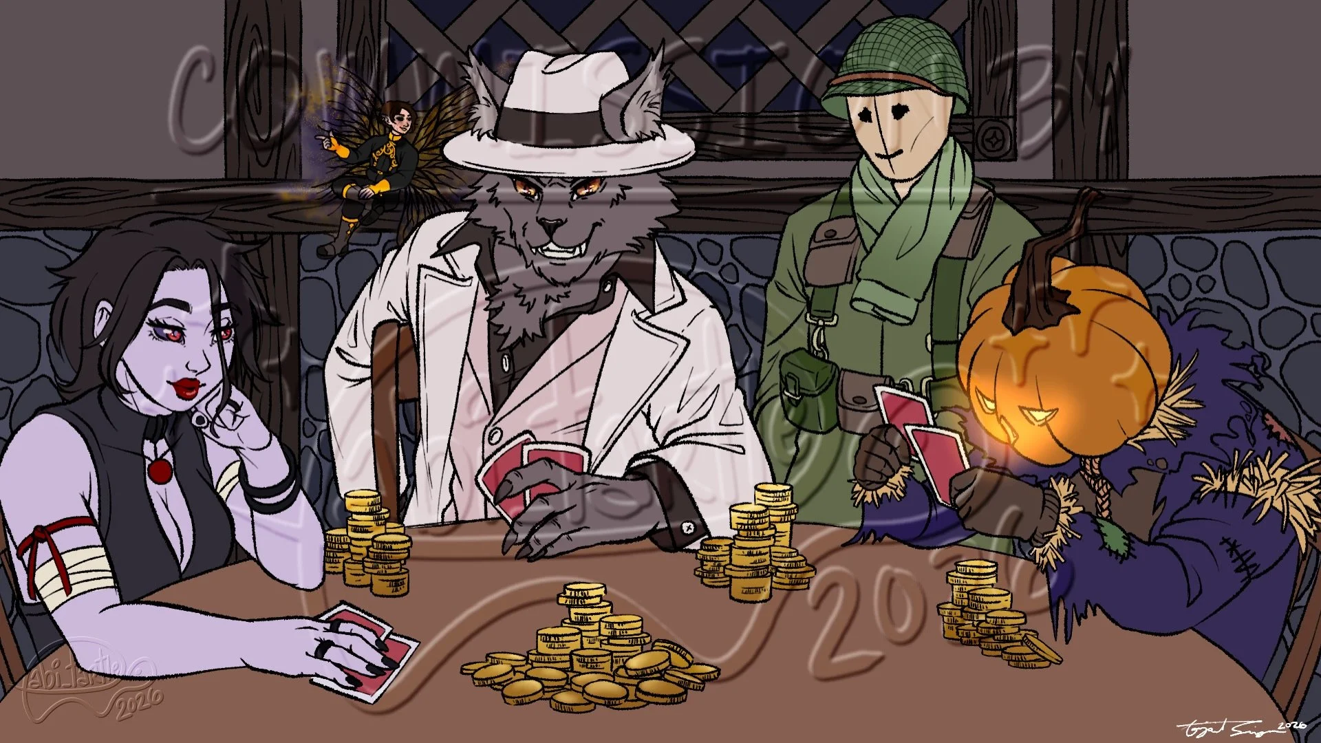 Commission done! 

I was tasked to draw a D&amp;D party playing cards! I had so much fun drawing them, from a Graveborn, to a Tabaxi, a Fairy, a Doll, and a Scarecrow! 

My commissions are open, and I love doing Dungeon and Dragons related artworks! 