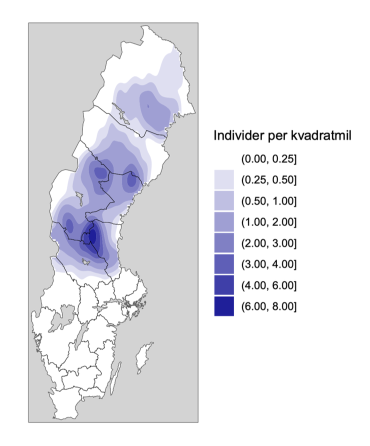 Map showing main distribution of brown bears in Sweden.