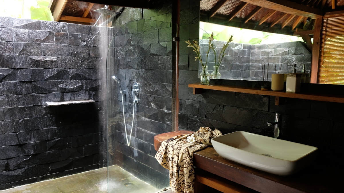 Main House bathroom with open rain shower