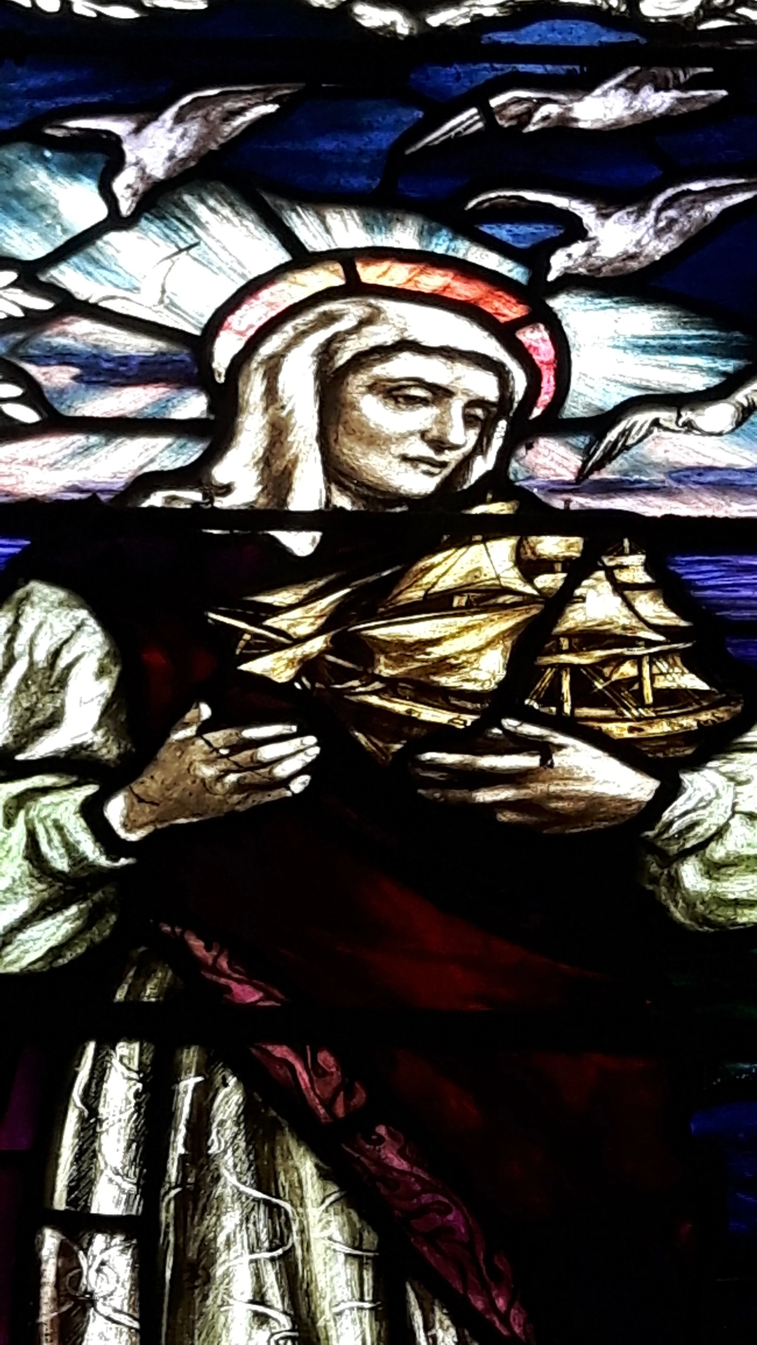 Detail of stained glass panel by Mary Lowndes, St Ann's Chapel, Saunton