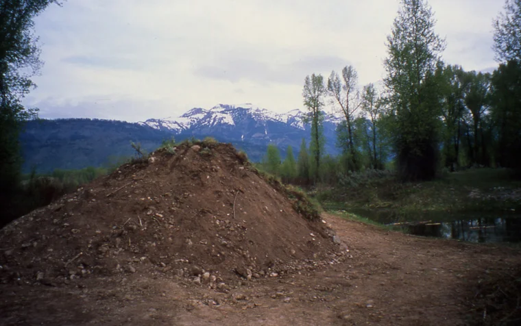 SPACE FOR OBSERVING MOUNTAINS, HEARING BIRDSONG AND WATER TRICKLE earth, willow, irrigation pipe, 20 x 26 x 7’.