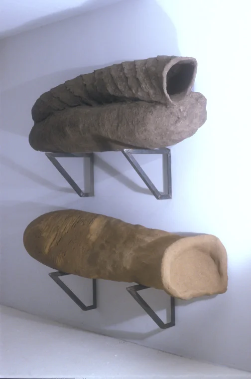 Missouri clay with paper, glue, plaster, fabric, steel mesh and brackets, double cell at top - 5' 5" x 24" x 18" single cell at bottom 5' 8" x 16" x 16"