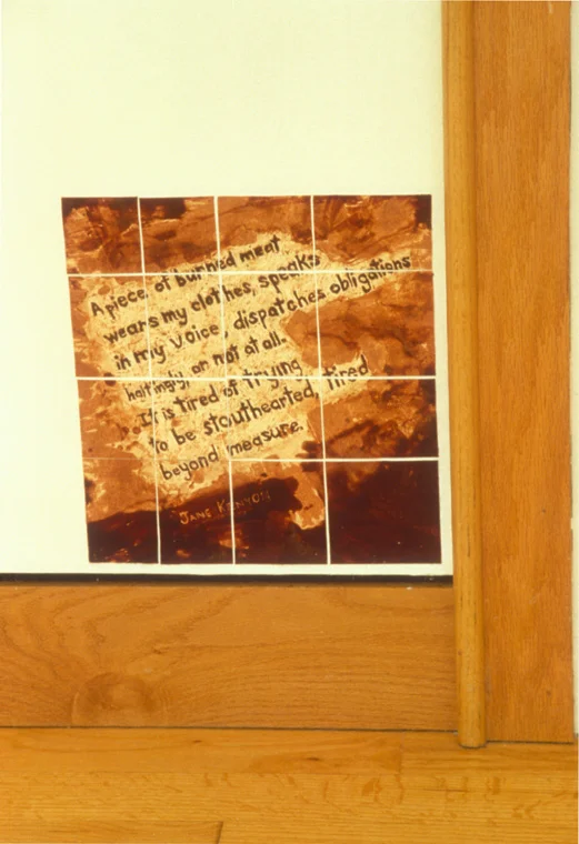 A PIECE OF BURNED MEAT (lines from Jane Kenyon's poem Having It Out With Melancholy, 7."Pardon", Constance ), 1993-94, Wax and sgrafitto on paper, 14" x 14".