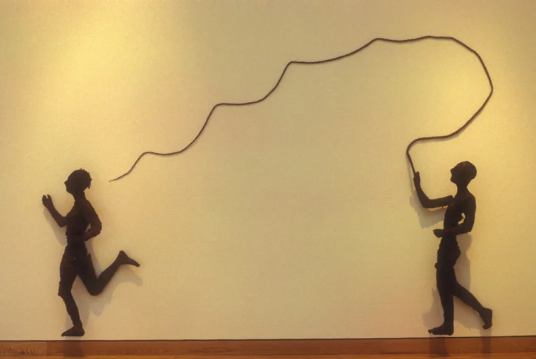 MODERN TIMES: DOUBLE SELF PORTRAIT CONCERNING EXORCISM AND LEAPING 1993-94 Kelp, glue, wood, wax, fabric, and shellac, 14' W x 9.5' H x1'D