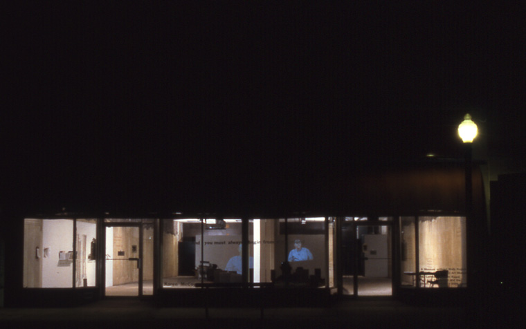  Night view of outside of downtown storefront location of installation in old Woolworth’s building, installation and video projection&nbsp;  ( CONVERSATIONS ABOUT DEKALB).   walls stained with local pigments and lettered with text, earth furrows and 