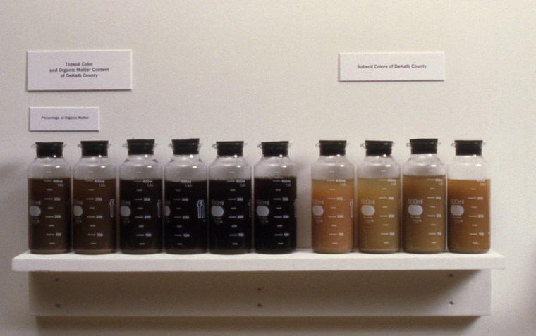  Detail, Research Wall in collaboration with Mike Konen, Northern Illinois University Soil Scientist, colors of DeKalb County topsoil and subsoil held in solution. 