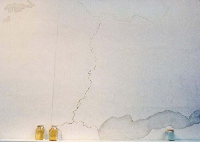  Detail of wall-map drawing and water samples in jars. 