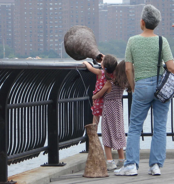 Child lifting child to see the framed view of Brooklyn Bridge.