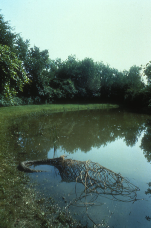 Canoe effigy (Iroquois dugout), woven grapevine with mud and grass, 9 x 2 x 3’