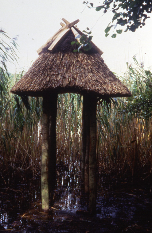 Sited in edge of damaged lake, North/South orientation. Wood thatched local reeds and heather, 9’9” x 4’8” x 8 H.