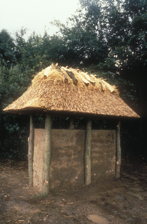  Wood, thatched reads, wheat straw, mud (crop plants, wild fruits, native herbs in log, embedded within and resting on stone bed) 9.5x 5 x 8’. 