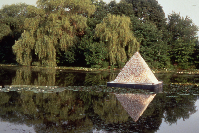  Lake view, Roger Williams Park.&nbsp; 3,000 clamshells, wood, steel pyramid 10 x10 x 8'. Steel float 12 x12 x12'. 