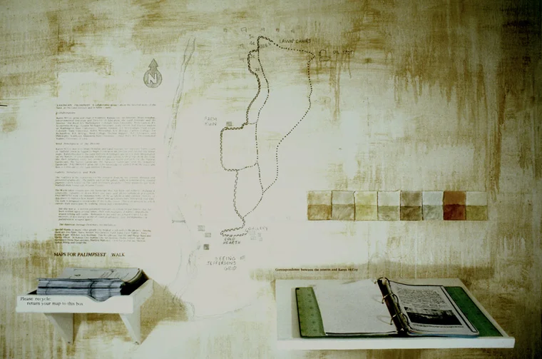 Installation detail, with printed site map/guides, wall map, pigment swatches and complete information guide to the interns' research.