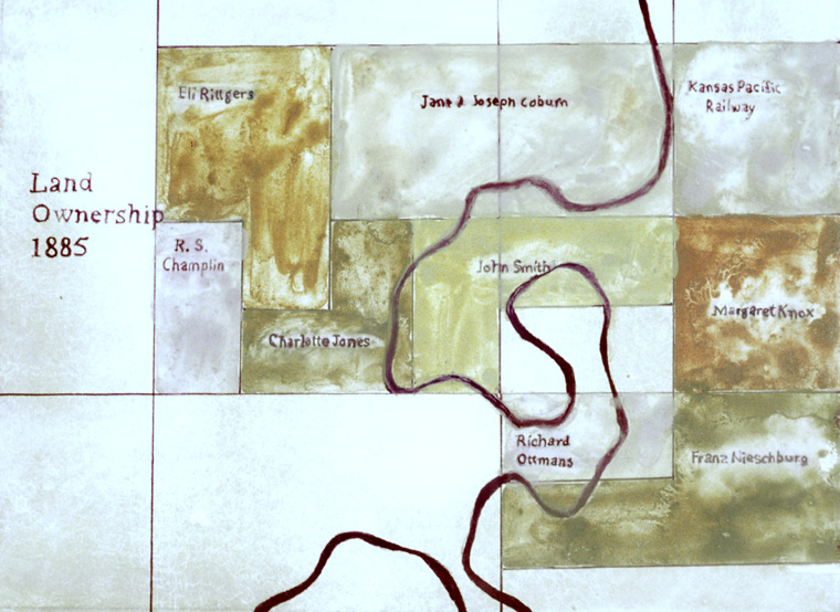  Detail, map of land ownership 1885, drawn with soil collected on site, 8 x 10" on "Clayboard". 