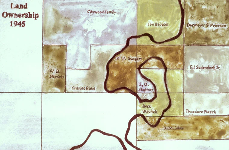 Detail, map of land ownership 1945, drawn with soil collected on site, 8 x 10" on "Clayboard".