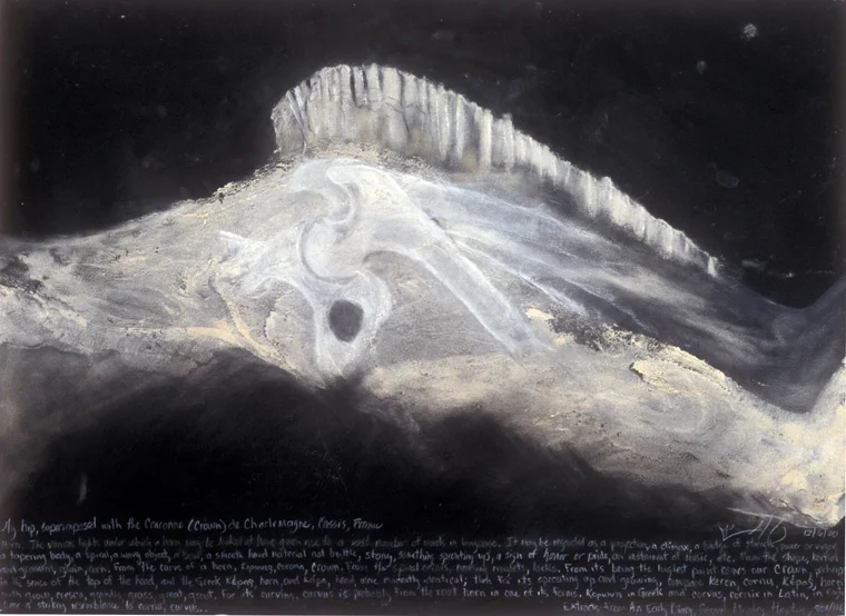 #2 My Hip As the Couronne De Charlemagne (Crown of Charlemange) 2000 Body print and drawing from x-ray, with text from Gerard Manley Hopkins, Extracts from and Early Diary, September 24, 1863 , soil pigments found on the Crown of Charlemagne, 22" x 30".