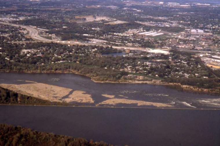 Falls of the Ohio at Louisville, KY, aerial photo from commercial jet, Karen McCoy, 2003