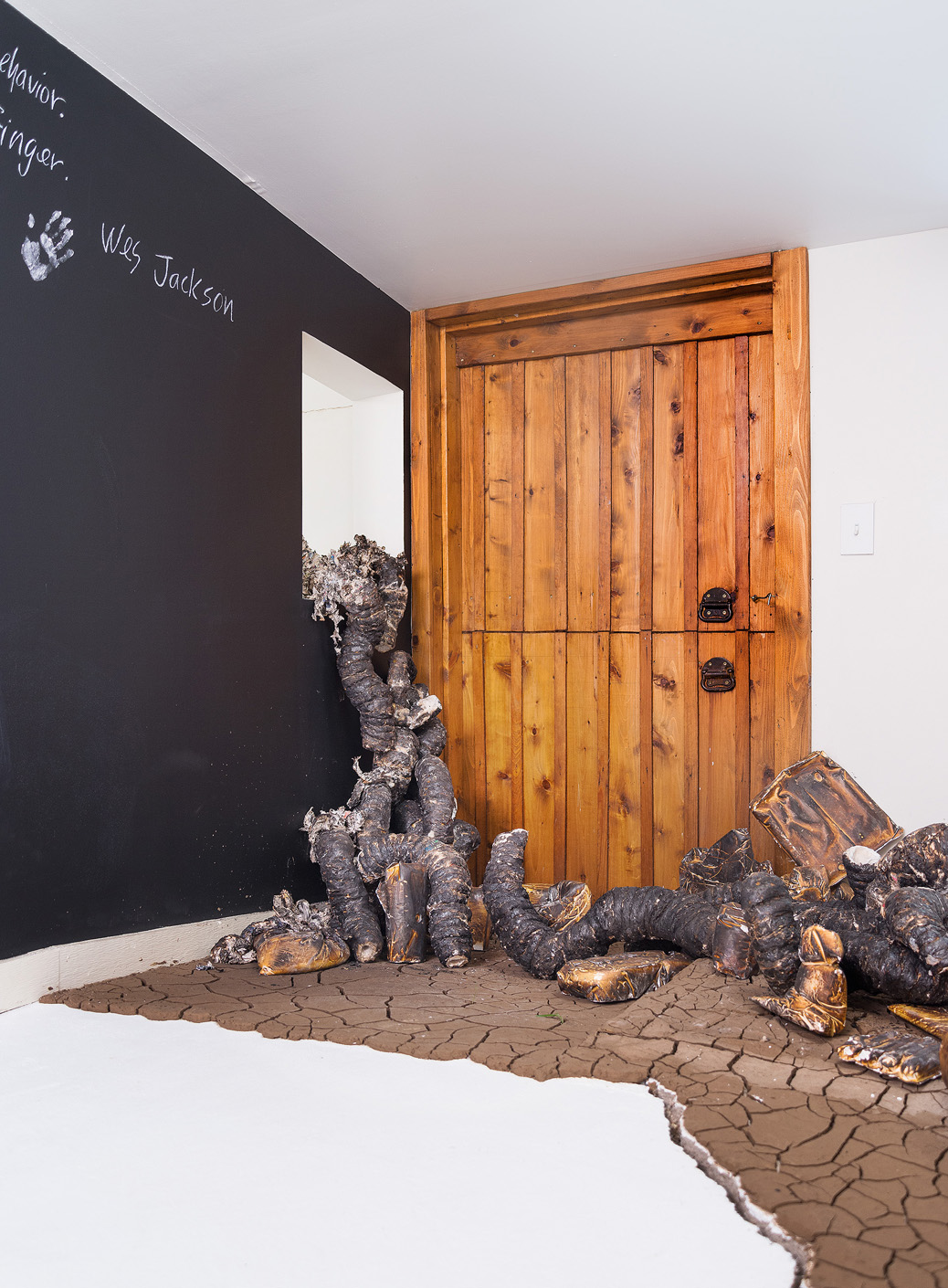  Installation detail of charred organic forms shedding their skins as they “climb” through a window into the adjacent gallery, cracked earth and participatory blackboard wall 