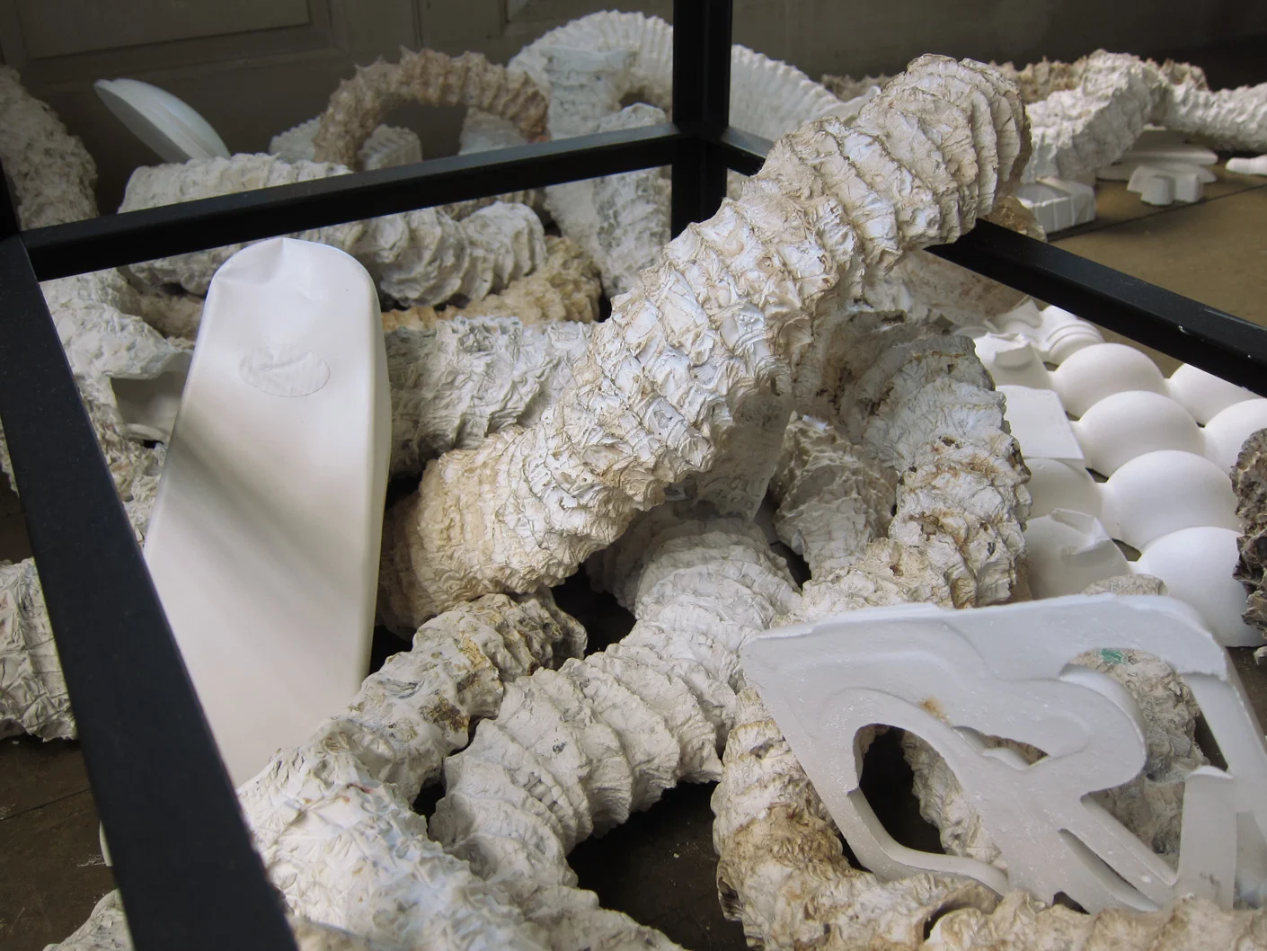 Seemingly Unconnected Events 2011 Wentworth-Coolidge State Historic Mansion Portsmouth, NH Main installation in Coolidge Room DETAIL of plaster casts of fabricated, larger-than-life seaworm habitat tubes (Hydroides Dianthus) and consumer goods; seaworms 2-3” diameter x 17 shortest L and 37” longest; consumer goods life-sized. 