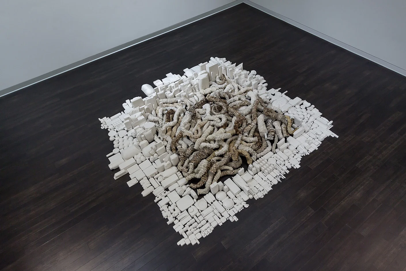 Seemingly Unconnected Events Cubed (V3) 2007- 2014 (ongoing) DETAIL, Hundreds of plaster casts of organic forms interwoven and interconnected with consumer goods casts, 4 x 4 x 40” highest point Installation at Epsten Gallery, Village Shalom, metropolitan Kansas City, MO, 2014
Photo: E.G. Schempf