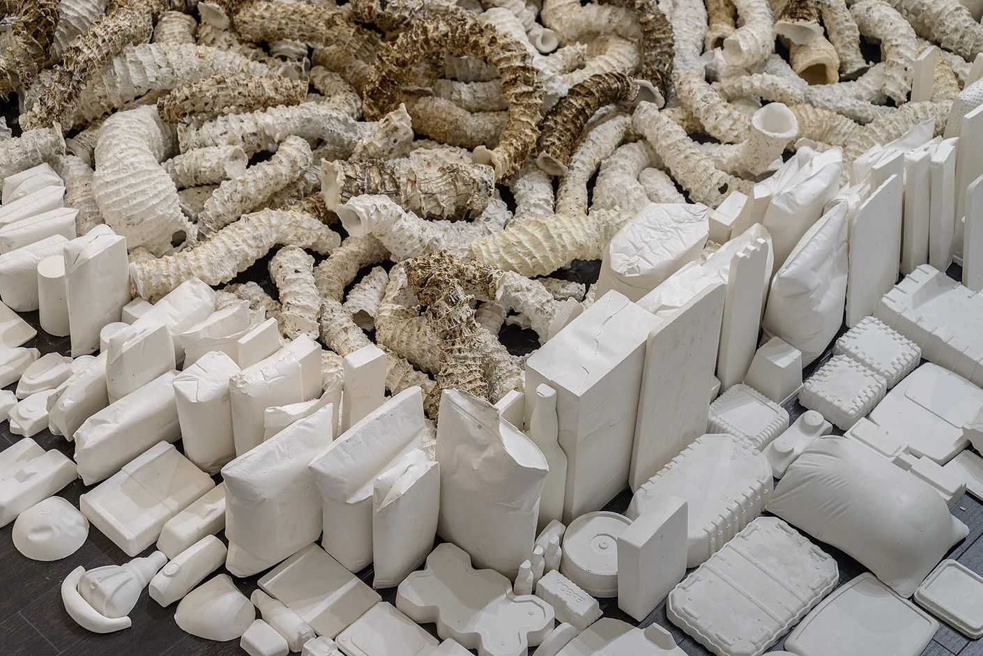 Seemingly Unconnected Events Cubed (V3) 2007- 2014 (ongoing) DETAIL, Hundreds of plaster casts of organic forms interwoven and interconnected with consumer goods casts, 4 x 4 x 40” highest point Installation at Epsten Gallery, Village Shalom, metropolitan Kansas City, MO, 2014
Photo: E.G. Schempf