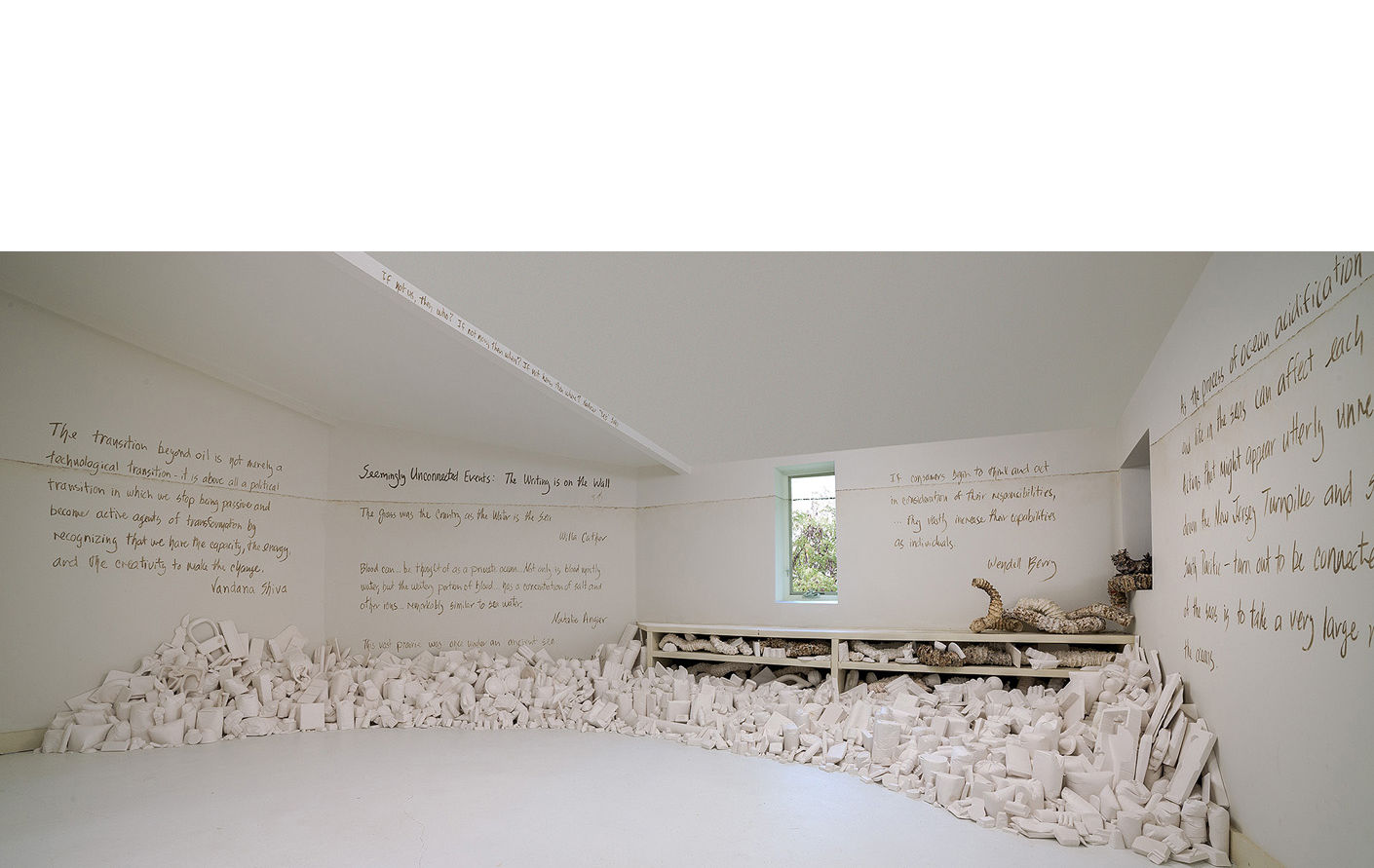  Installation overview, plaster organic forms and consumer goods casts, “waterline”, wall texts drawn in Kansas mud featuring writings of Natalie Angier, Willa Cather, Wendell Berry, Stan Cox and Paul Cox, Wes Jackson, Elizabeth Kolbert, Karen McCoy,