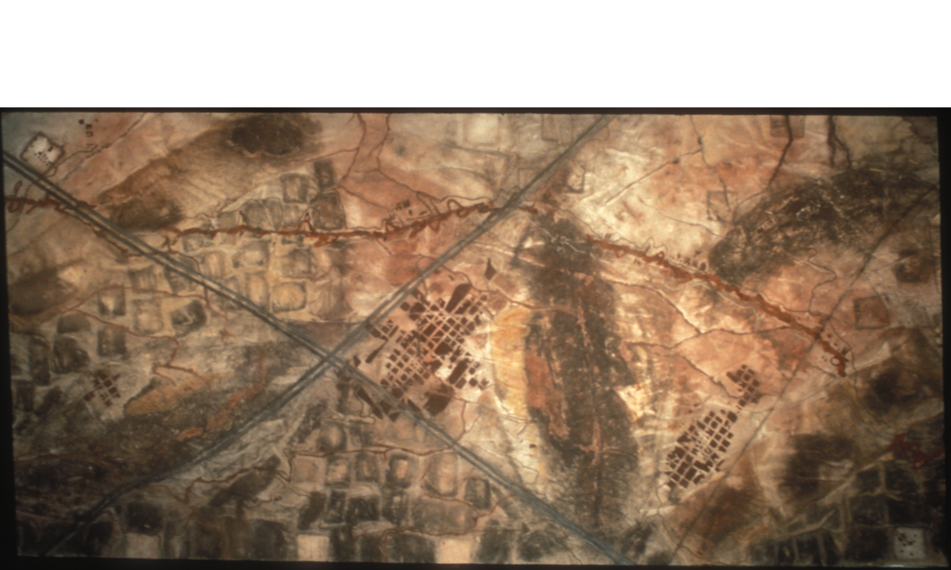 Cancelled Landscape Biogeographical Overburden Series 1987-90 Stains, stenciling and collage on paper, 60 x 144".