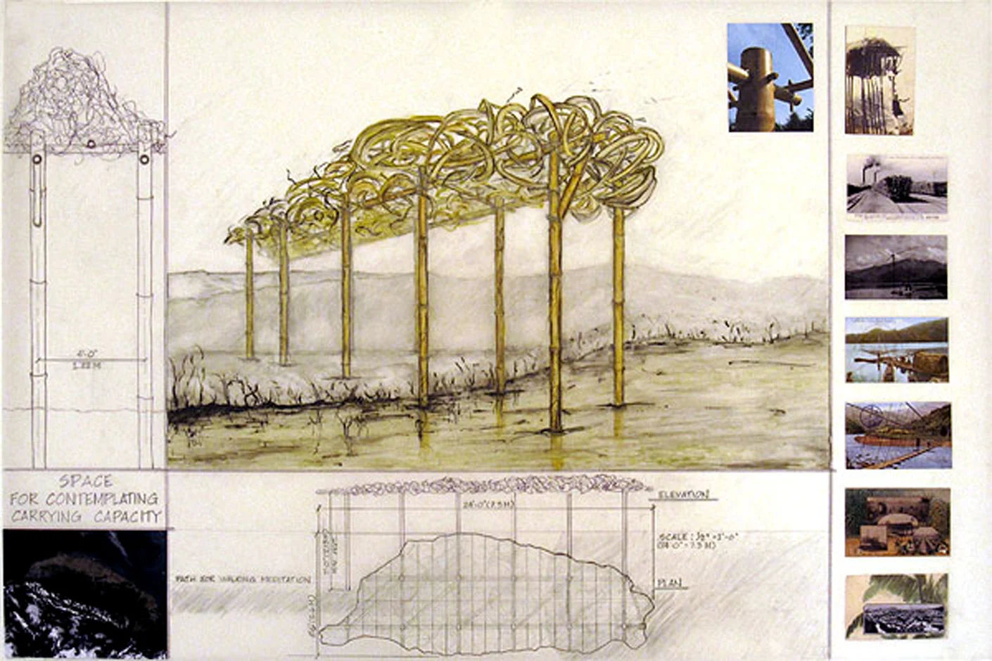 Proposal Drawing #2 Space for Contemplating Carrying Capacity: The Taiwan Tangle 2009 Proposal for Guandu Nature Park International Sculpture Festival, Taipei, Taiwan. Ink and mixed media on drafting film.