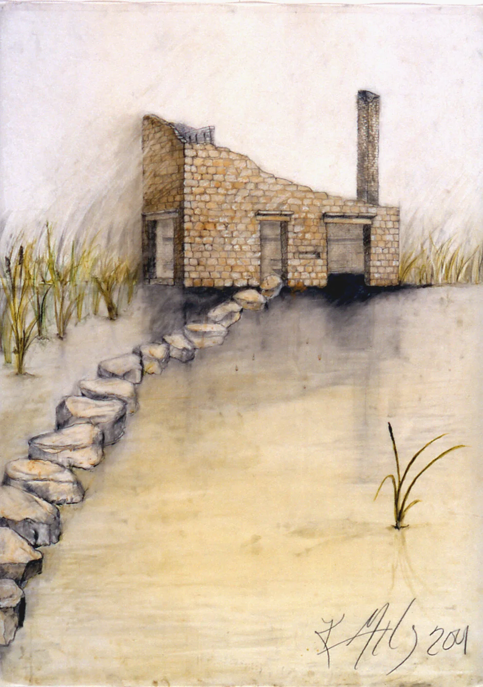 Blind Proposal Drawing for Riverfront Heritage Trail, Kansas City, MO, 2001-02 Mixed media on vellum, 26 x 36". The size and shape of Blind are based on an old house that once existed near the site. Blind itself is a quiet place surrounded by a watery habitat that will become home to countless species when the old parking lot in Kansas City's River market area becomes a wetland. Blind is designed with viewing slits and a "crows nest" upstairs for longer views across the wetland and Missouri River. Nesting platforms are built in the "chimney" and on ledges in the stonework. Lingering there, human visitors may see a turtle basking on a log or a blue heron stretching its wings. Here, screened from view, city people can quietly connect with the natural world in a place that encourages observation, contemplation and listening.