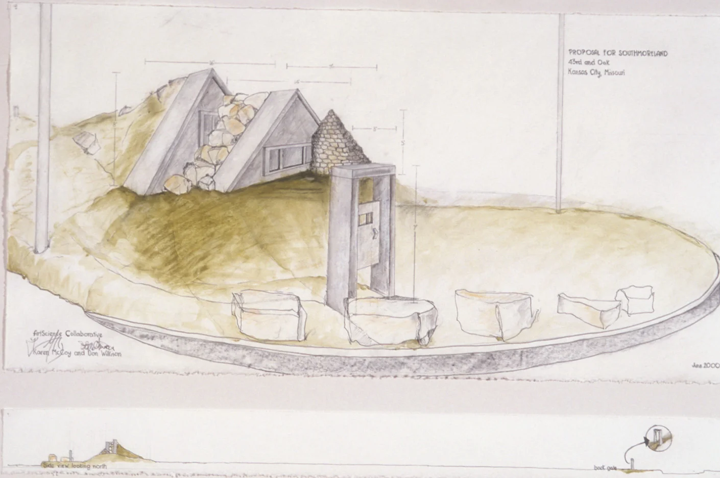 Proposal For Southmoreland Neighborhood ArtScience Collaborative Karen McCoy and Don Wilkison, Hydrologist. 2000 Mixed media on velum (drawings-McCoy), 22 x 30", detail of perspective.
