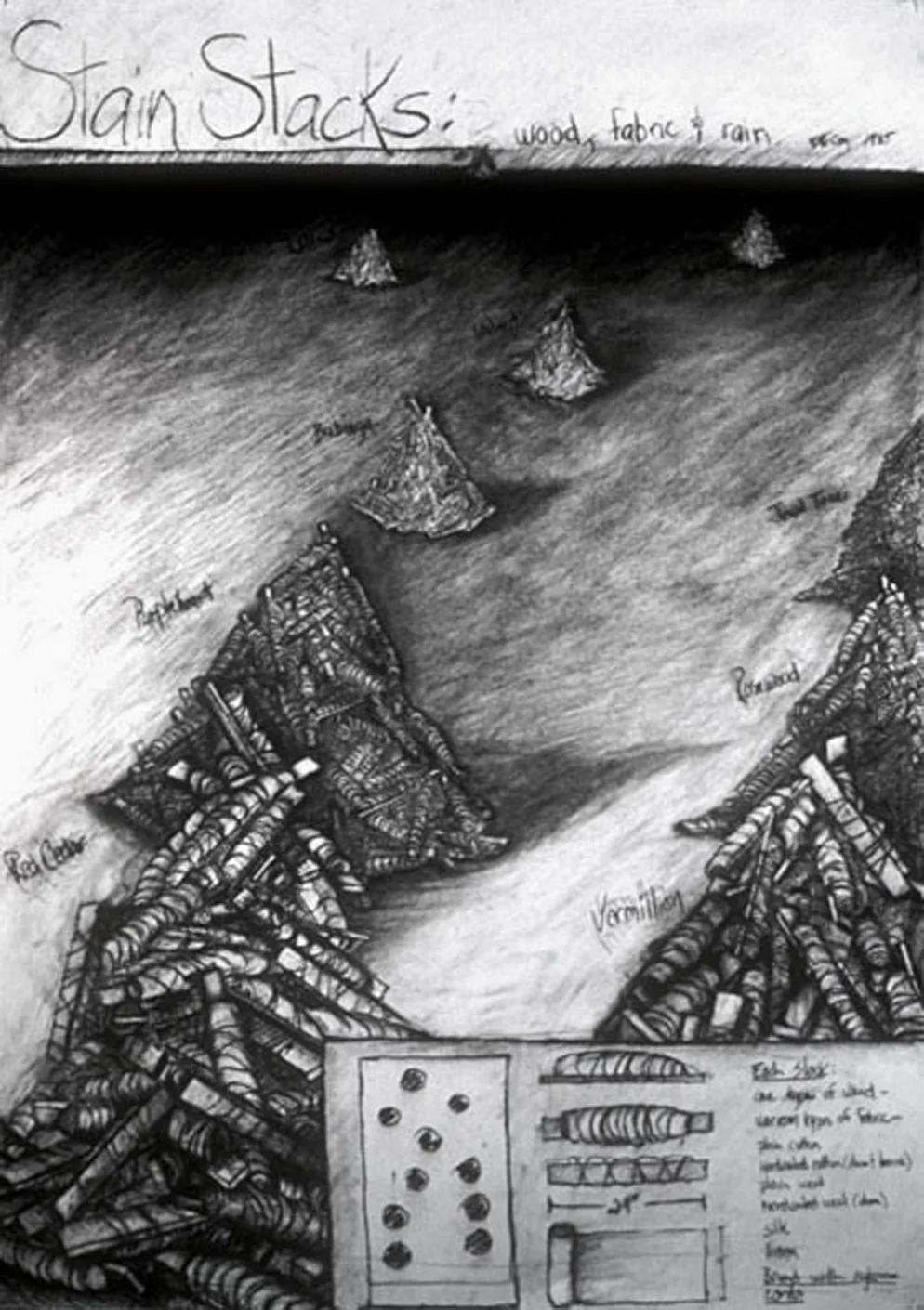 Stain Stacks (unbuilt) proposal, 1982 Charcoal on paper, 22 x 30".