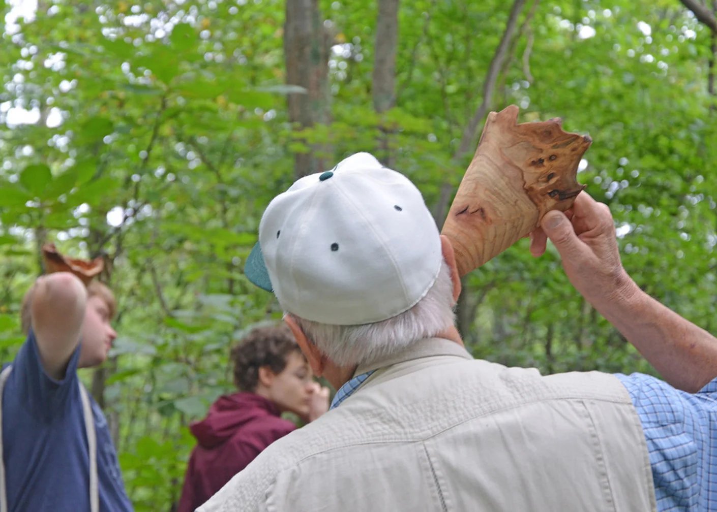 Sight and Sound Walks, collaboration with Robert Carl, listeners with trumpets on the Appalachian Trail, Blue Ridge Mountains, VA Photography: John S. Taylor